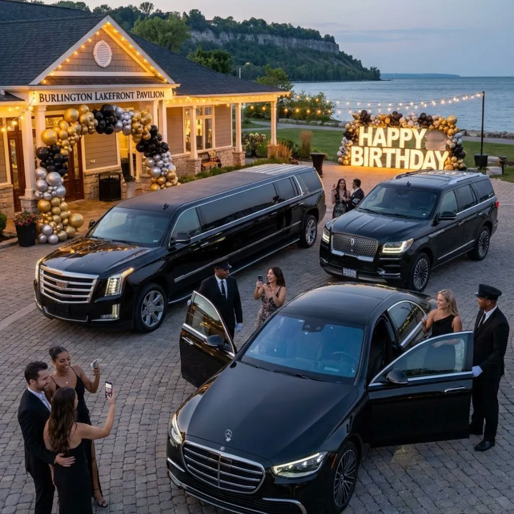 Birthday limo service Burlington featuring luxury 2026 stretch limousine, SUV, and sedan for birthday parties, family celebrations, and special events.