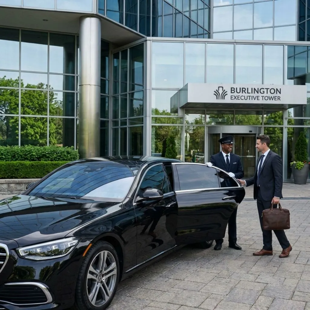 Corporate limo service Burlington with a luxury 2026 black executive sedan offering reliable and comfortable transportation for business professionals.