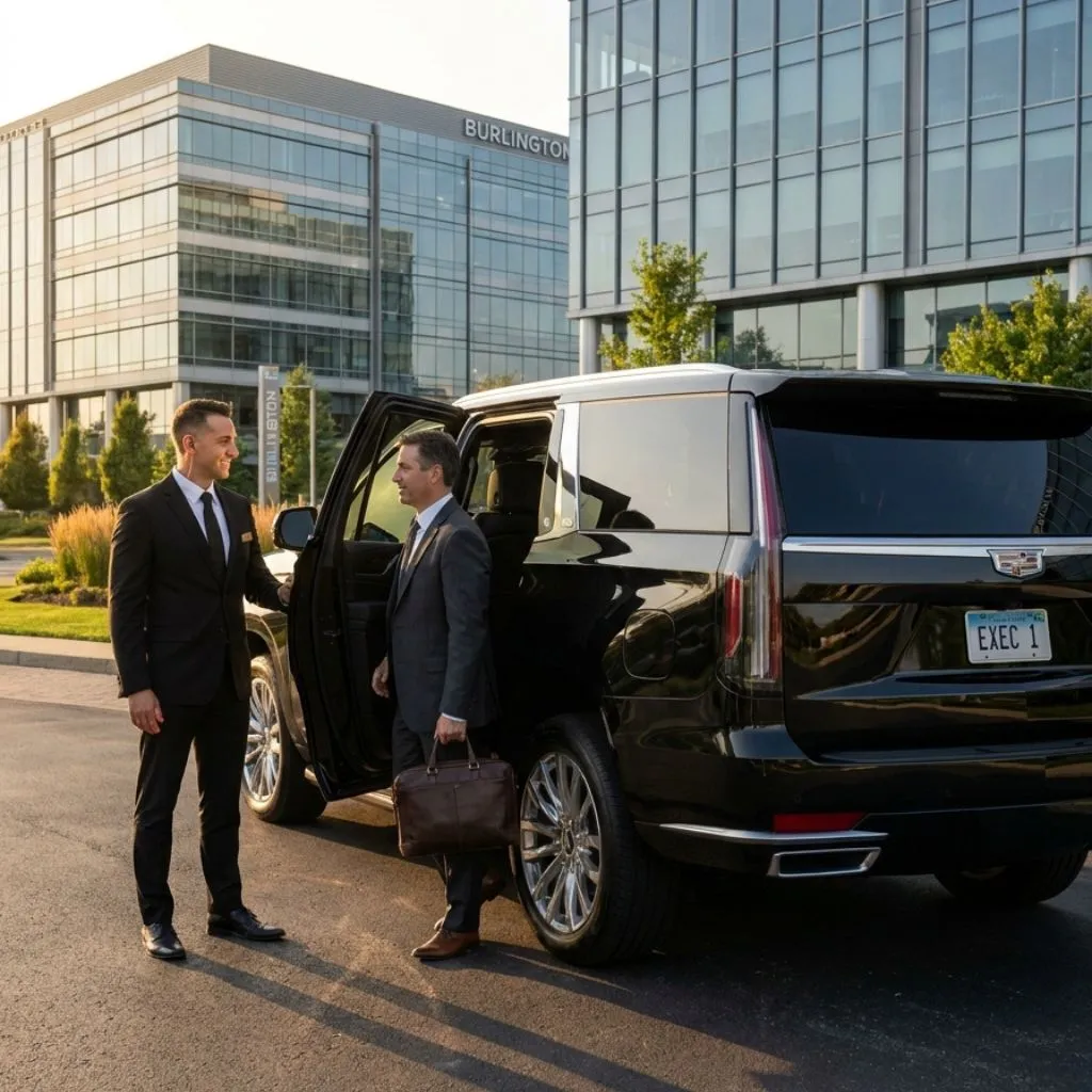 Corporate limo service Burlington with a professional chauffeur and luxury 2026 black executive SUV delivering reliable executive transportation for business travelers.