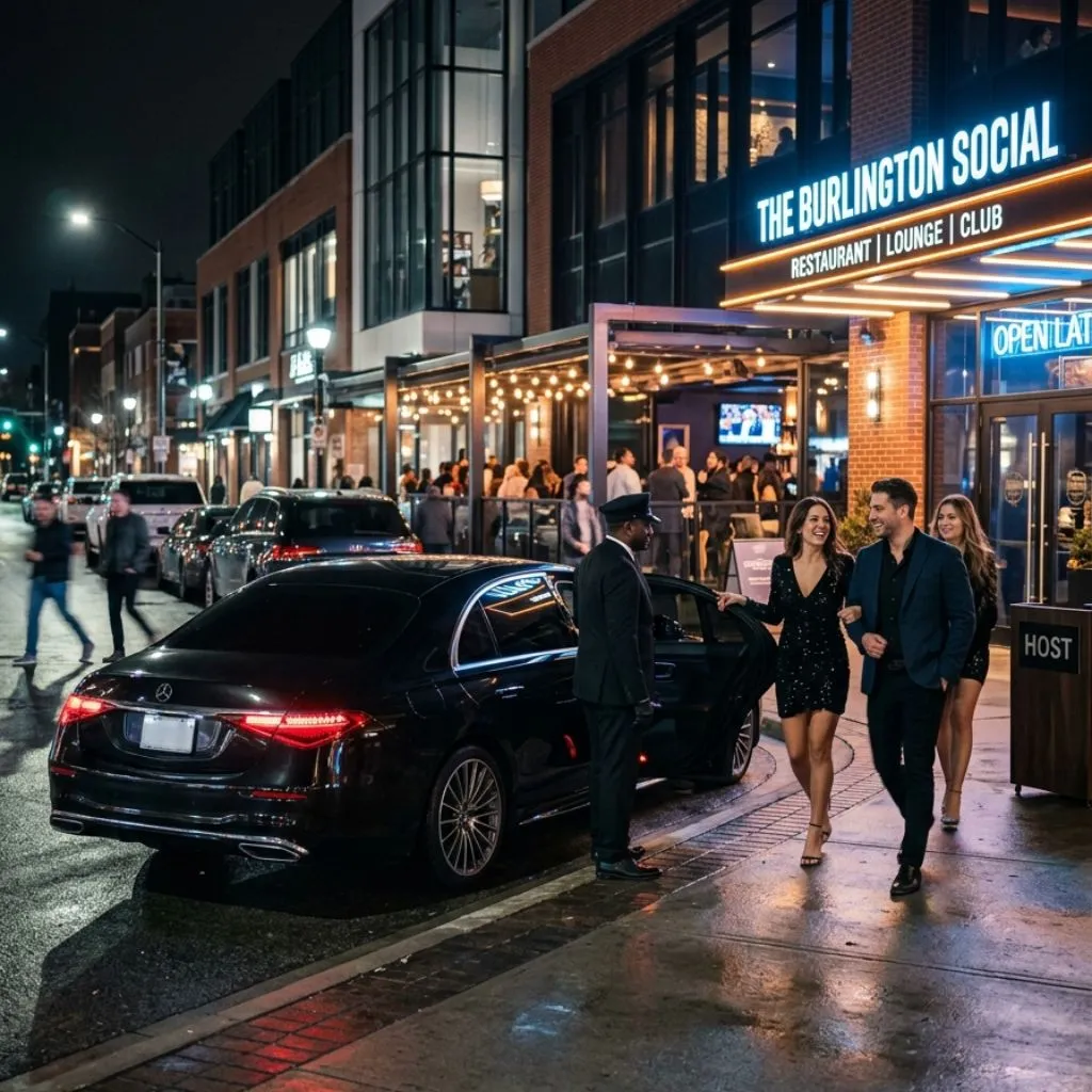 Night Out limo service Burlington with a luxury 2026 black sedan providing stylish transportation for restaurants, lounges, and nightlife events.
