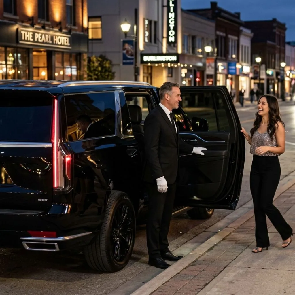 Night Out limo service Burlington with a professional chauffeur and luxury 2026 black SUV providing safe and stylish transportation for a memorable night out.