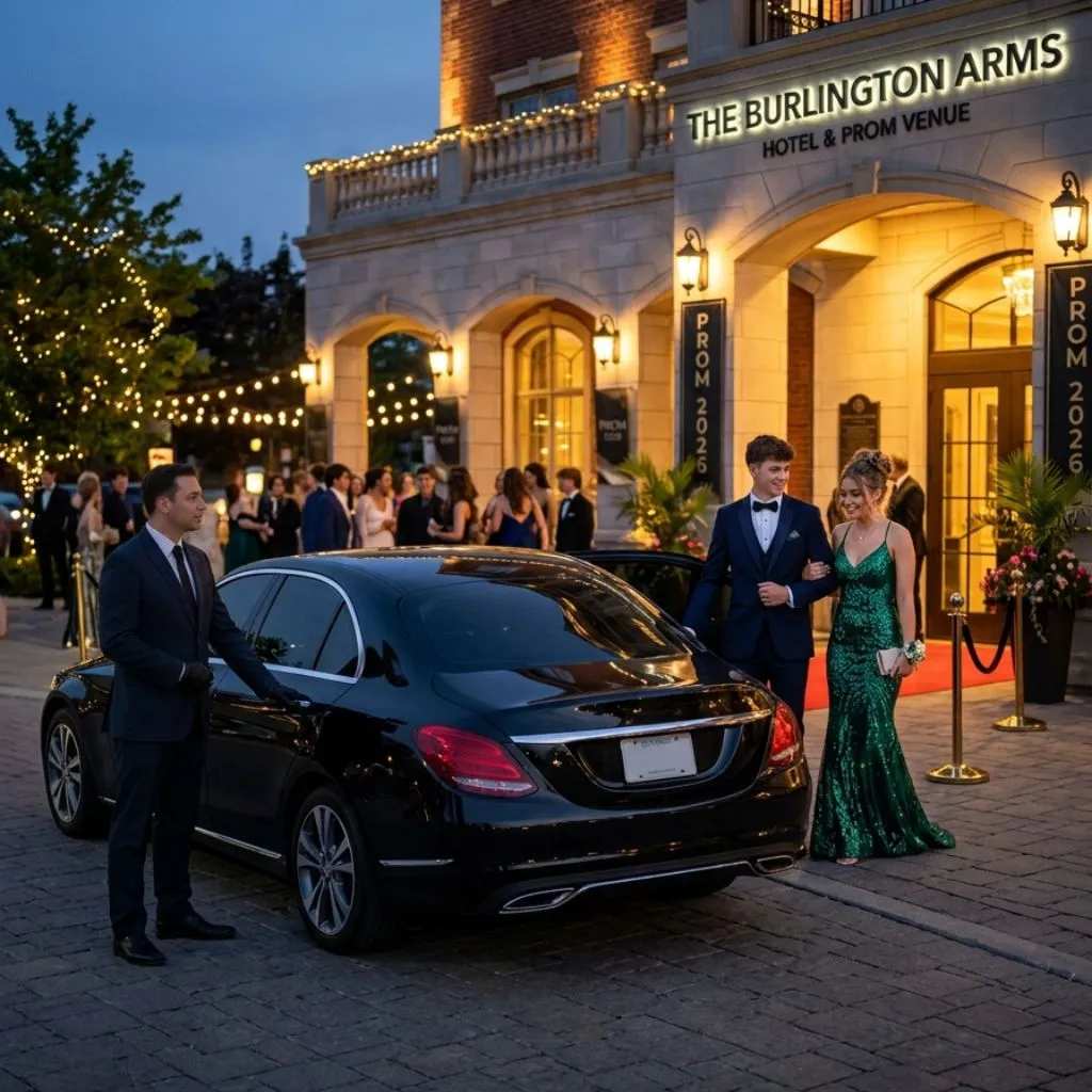 Prom limo service Burlington with a luxury 2026 black sedan providing elegant transportation for students attending prom night.
