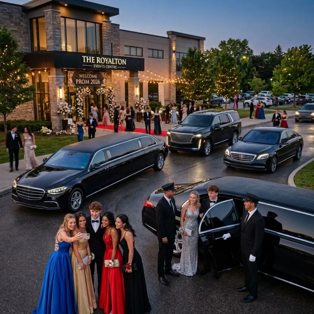 Prom limo service Burlington featuring luxury 2026 stretch limousine, SUV, and sedan providing stylish transportation for an unforgettable prom night.