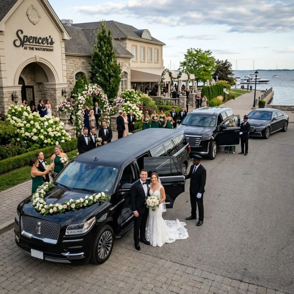 Wedding limo service Burlington featuring luxury 2026 stretch limousine, SUV, and sedan for elegant wedding transportation.