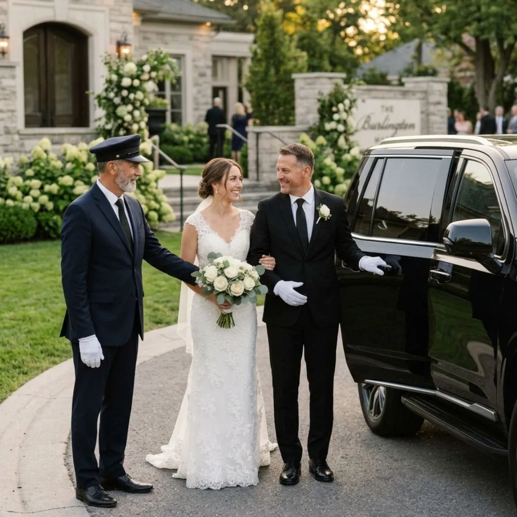 Wedding limo service Burlington with a professional chauffeur and luxury 2026 black SUV providing reliable and elegant wedding transportation.